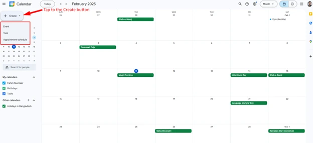 Google Calendar Menu