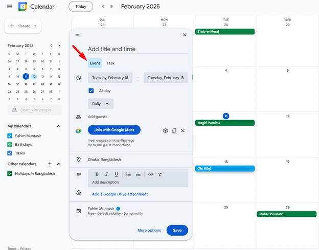 google calendar interface