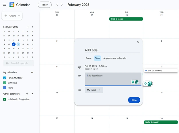 reminder in Google Calendar