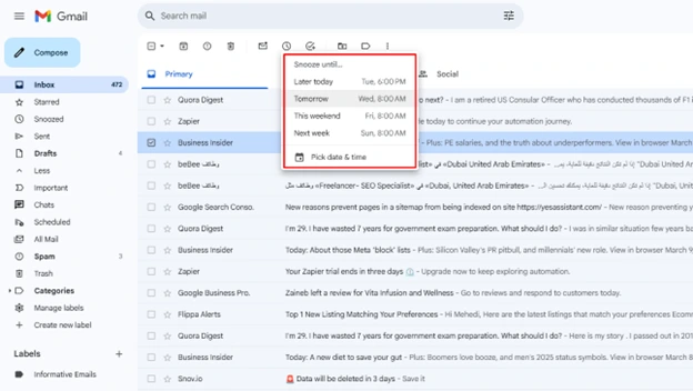 All types of email options are available here for sorting out, such as read, unread, starred, and unstarred