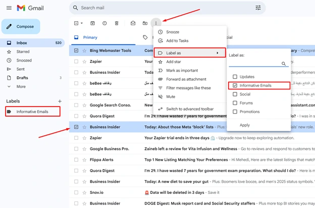 Choose any of the emails that you want to categorize under this label