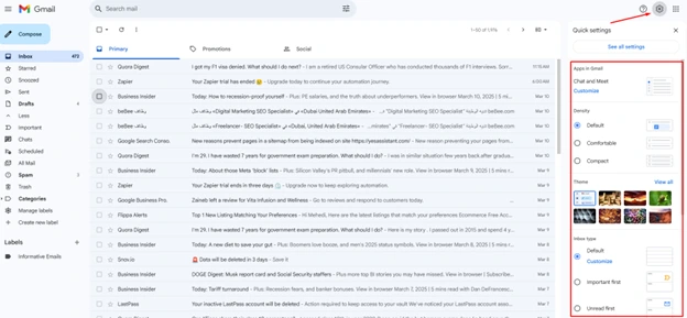 Go to your Gmail Inbox, navigate to the right section of the interface, and tap the settings button from there