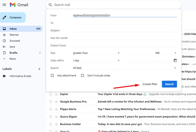 Navigate to the search bar of your Gmail inbox and tap the filter option on the right side of the bar
