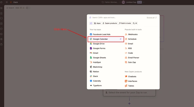 Integrating Process of Google Calendar Using Zapier 