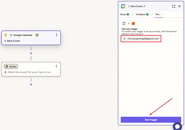 Click on the test trigger button to test this Google Calendar.