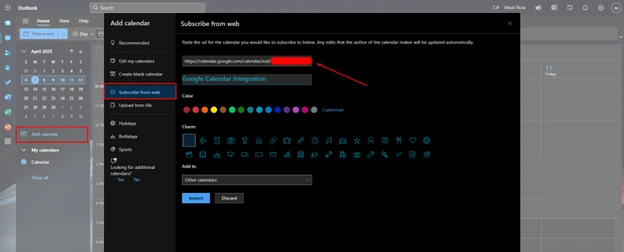 Integrating Google Calendar in Outlook using Secret iCAL address.
