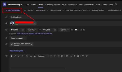 Canceling a Meeting from MS Teams Calendar