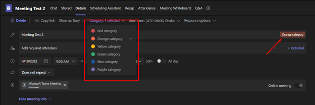 Color Coding Synchronization in MS Teams Calendar and Outlook Calendar