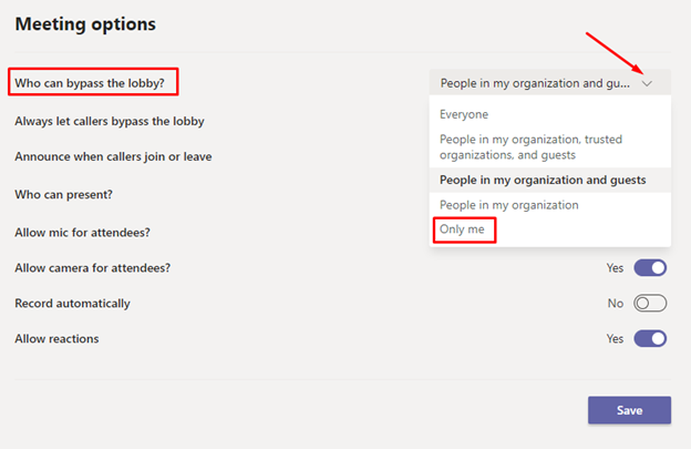 Customizing Meeting Options in MD Teams