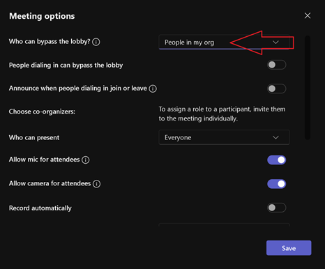 Editing Meeting Options in MS Teams