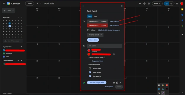 Google Calendar automatically adjusts the event time for each attendee’s time zone, so no one has to do the math