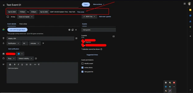 Setting up an event in New York time zone. 