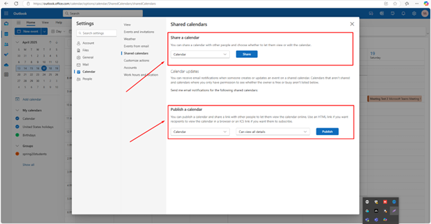 Sharing and Publishing a Calendar Via Outlook Calendar