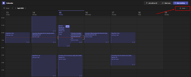 Week View of MS Teams Calendar