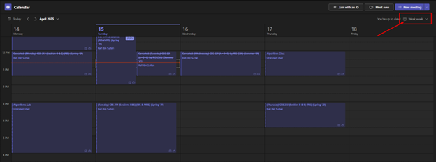 Work Week View of MS Teams Calendar