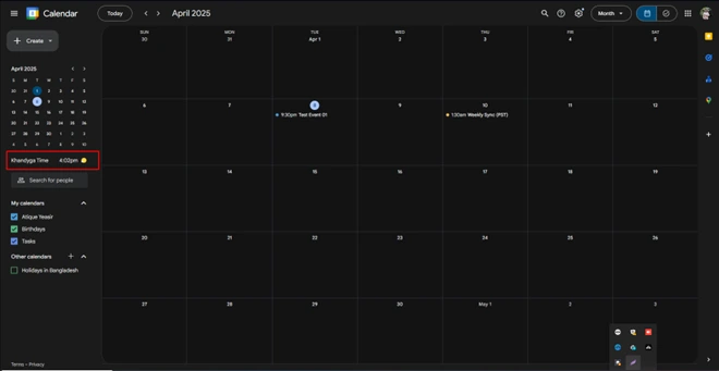 Your selected zones will appear on the left sidebar below your mini monthly calendar.