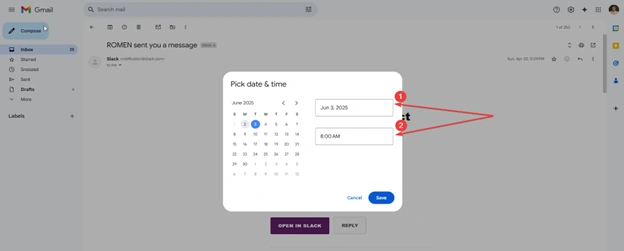 After clicking on “Pick date & time,