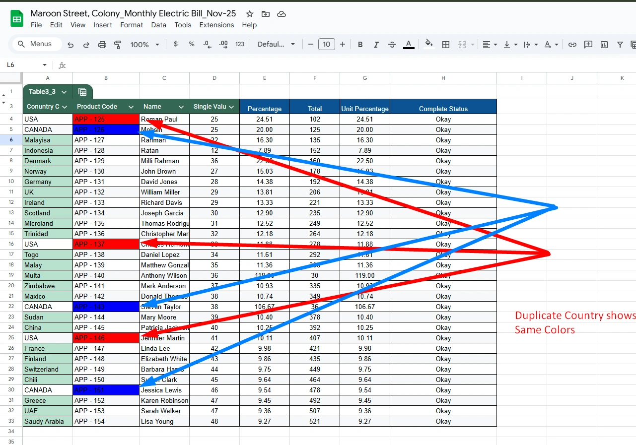 If a country name appears twice, the system will automatically mark or flag it