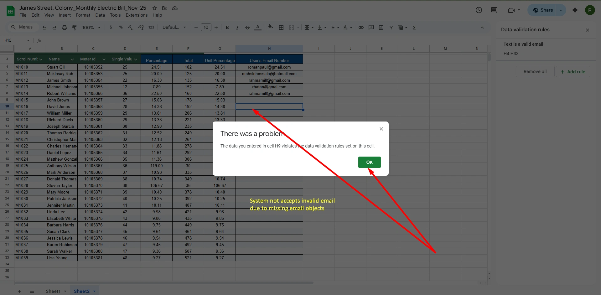 Invalid email format rejects the Google Sheets data validation rule as missing an email symbol.