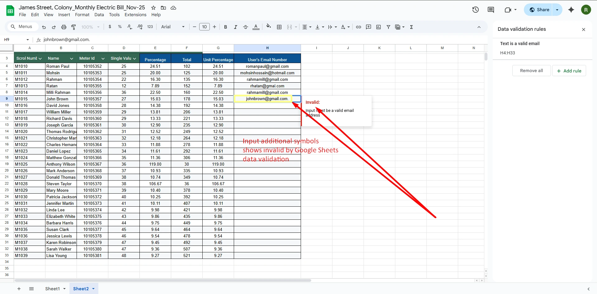 Shows an invalid Google Sheets data validation rule as a missing email symbol