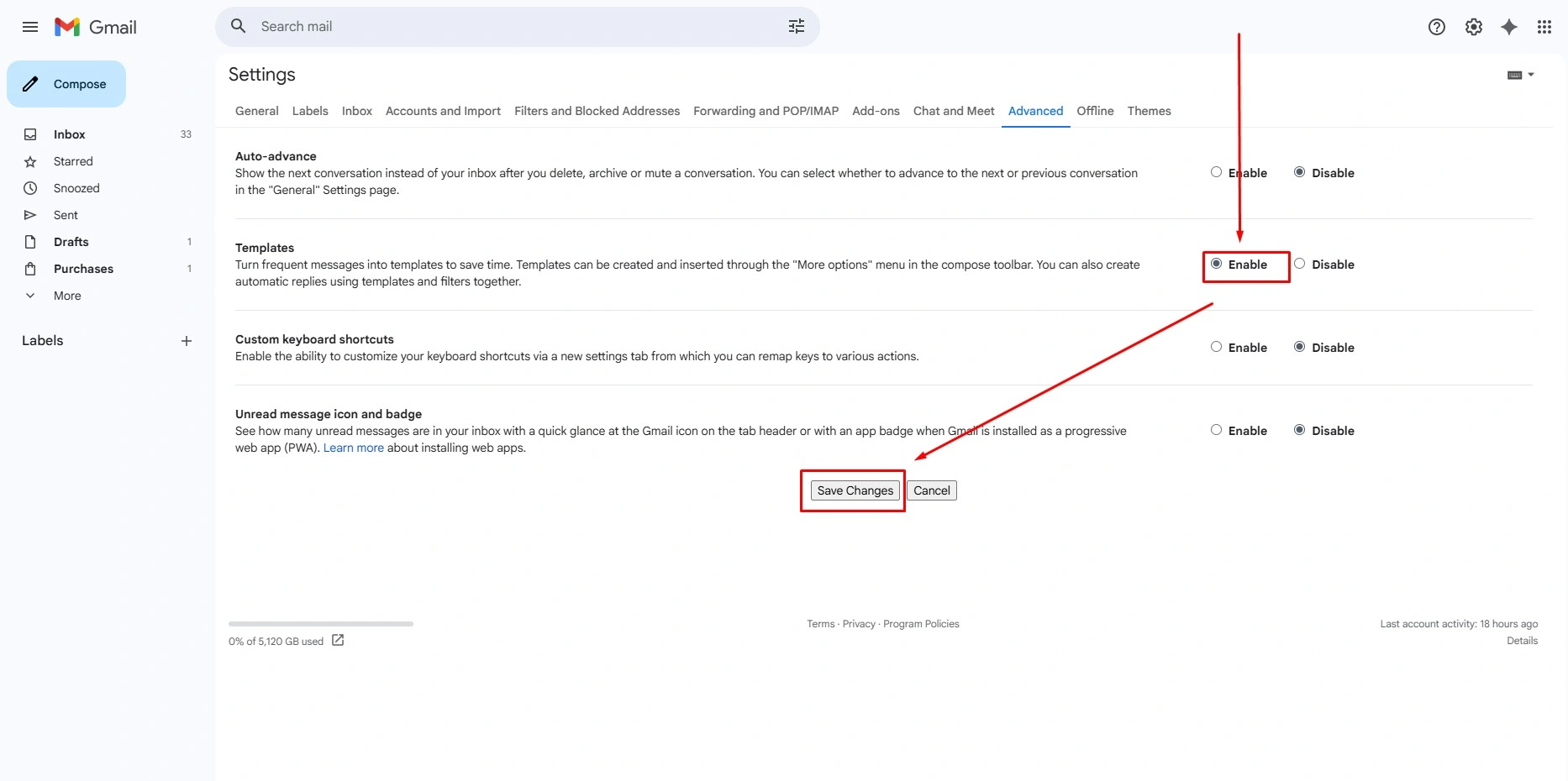 Enable Templates in Gmail Settings 4