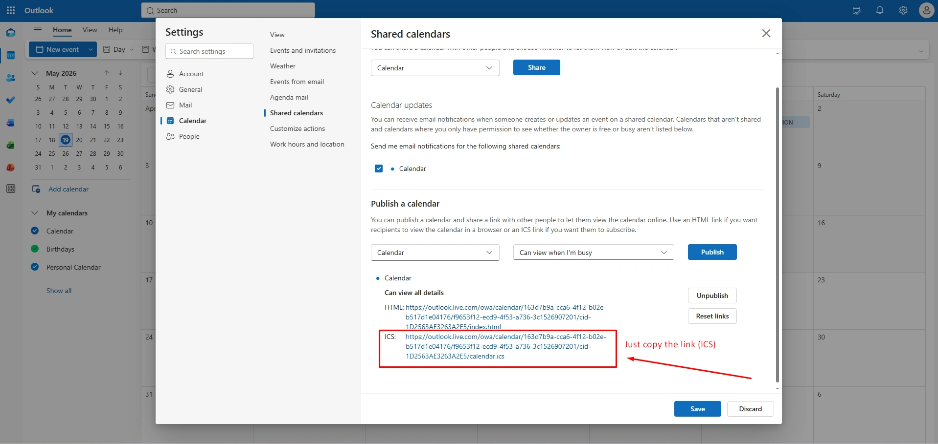 Subscribe to Outlook Calendar URL 3